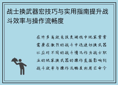 战士换武器宏技巧与实用指南提升战斗效率与操作流畅度